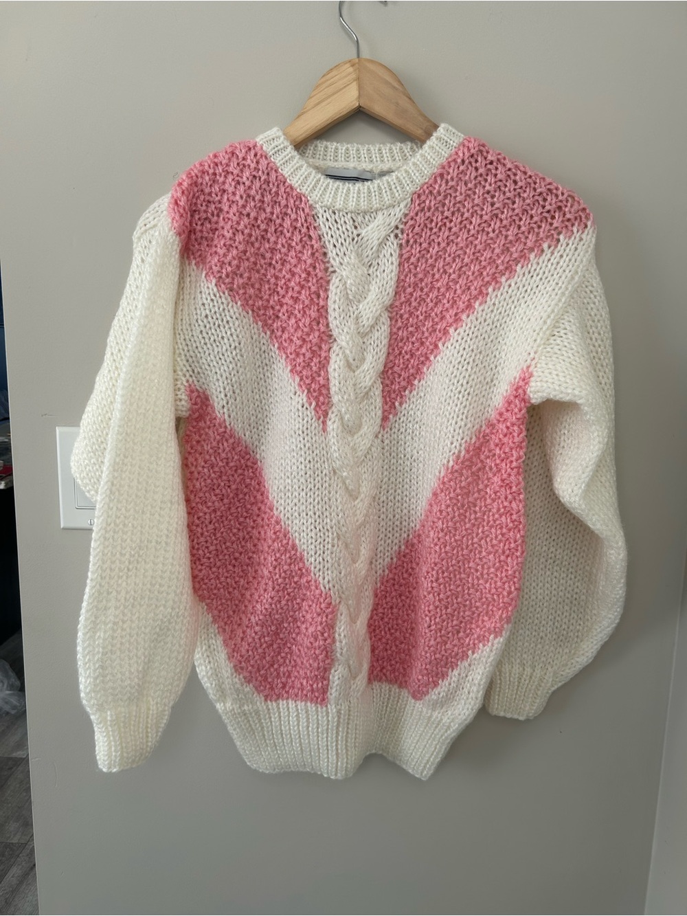 Vintage Cable-Knit Cream and Pink V-Stripe Sweater